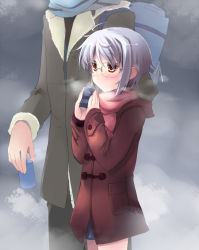Rule 34 | 10s, 1boy, 1girl, blush, can, coat, glasses, head out of frame, height difference, nagato yuki, scarf, shin (new), size difference, suzumiya haruhi no shoushitsu, suzumiya haruhi no yuuutsu, tall