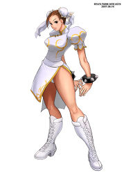 Rule 34 | 1girl, alternate color, capcom, china dress, chinese clothes, chun-li, dated, dress, full body, pantyhose, pelvic curtain, ryu (ryu&#039;s form site), simple background, solo, standing, street fighter, white background, white theme