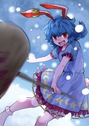Rule 34 | 1girl, animal ears, arm up, blue dress, blue hair, blue sky, blush, cloud, cloudy sky, crescent, crescent print, dress, eyes visible through hair, hair between eyes, hammer, hand up, highres, looking to the side, no shoes, nr myt, open mouth, puffy short sleeves, puffy sleeves, rabbit ears, rabbit tail, red eyes, seiran (touhou), short hair, short sleeves, sky, smile, snow, snowing, socks, solo, standing, star (symbol), star print, tail, teeth, tongue, touhou, weapon, white socks