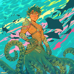 Rule 34 | 1boy, abs, armor, black eyes, blush, boku no hero academia, commentary, earrings, english commentary, fingernails, fins, fish, freckles, gills, green hair, habkart, head fins, highres, jewelry, looking at viewer, male focus, manta ray, midoriya izuku, monster boy, monsterification, nipples, octopus boy, parted lips, pauldrons, pectorals, sharp fingernails, short hair, shoulder armor, signature, single pauldron, solo, suction cups, tentacles, topless male, underwater, vambraces, webbed hands