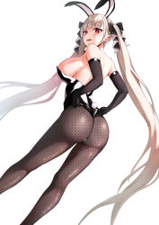 Rule 34 | absurdres, adjusting clothes, adjusting leotard, animal ears, armband, ass, ass focus, azur lane, bare back, bare shoulders, bent over, black leotard, black pantyhose, bodystocking, breasts, detached sleeves, elbow gloves, fake animal ears, fishnet legwear, fishnets, formidable (azur lane), gloves, hair ribbon, highres, large breasts, leaning forward, leotard, long hair, long legs, nervous smile, pantyhose, playboy bunny, rabbit ears, rabbit tail, red eyes, ribbon, rororo, sideboob, smile, sweatdrop, tail, twintails, white hair