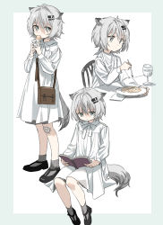 Rule 34 | 1girl, aged down, alternate costume, animal ears, arknights, bag, bandaid, bandaid on knee, bandaid on leg, black footwear, book, border, chair, child, closed mouth, cup, dress, eating, food, fork, full body, green border, grey legwear, hair ornament, hairclip, highres, holding, holding book, holding food, lappland (arknights), long sleeves, looking at viewer, multiple views, neck ribbon, open book, outside border, plate, reading, red medicine, ribbon, shoes, short hair, shoulder bag, silver hair, simple background, smile, socks, standing, tail, white background, white dress, white ribbon, wolf ears, wolf girl, wolf tail