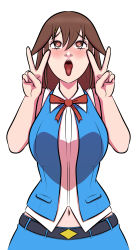 Rule 34 | 1girl, absurdres, ahegao, belt, blue skirt, blue vest, blush, breasts, brown eyes, brown hair, double v, hair ornament, hairclip, heart, heart-shaped pupils, highres, hololive, holykoshi, large breasts, long hair, navel, open mouth, skirt, solo, symbol-shaped pupils, tokino sora, tokino sora (old design), tongue, tongue out, upper body, v, vest, virtual youtuber, white background