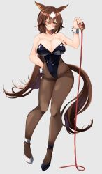 Rule 34 | 1girl, animal ears, asymmetrical footwear, bare shoulders, black footwear, black leotard, black pantyhose, breasts, brown hair, cleavage, collar, commentary request, ear ornament, full body, hair between eyes, high heels, highres, holding, holding collar, horse ears, horse girl, horse tail, komb, large breasts, leotard, long hair, mismatched footwear, multicolored hair, nontraditional playboy bunny, pantyhose, red eyes, sirius symboli (umamusume), solo, strapless, strapless leotard, streaked hair, tail, umamusume, very long hair, white footwear, white hair, wrist cuffs