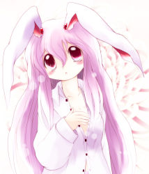 Rule 34 | 1girl, :o, animal ears, breasts, rabbit ears, cleavage, dress shirt, female focus, highres, long hair, open clothes, open mouth, open shirt, pink hair, purple hair, red eyes, reisen udongein inaba, shirt, solo, touhou, upper body, very long hair, yume shokunin