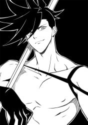 Rule 34 | 1boy, asymmetrical hair, bae (baebae), galo thymos, greyscale, high contrast, highres, holding, holding polearm, holding weapon, male focus, monochrome, pectorals, polearm, promare, sidecut, smile, solo, spiked hair, topless male, undercut, upper body, weapon