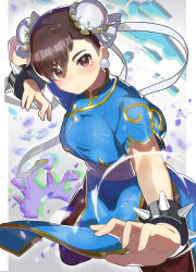 Rule 34 | 1girl, absurdres, blue dress, blush, bracelet, breasts, brown eyes, brown hair, brown pantyhose, capcom, china dress, chinese clothes, chun-li, double bun, dress, earrings, eyeliner, fighting stance, hair bun, highres, jewelry, looking at viewer, makeup, medium breasts, pantyhose, pelvic curtain, puffy short sleeves, puffy sleeves, sash, short sleeves, side slit, solo, spiked bracelet, spikes, street fighter, tatedano kabae