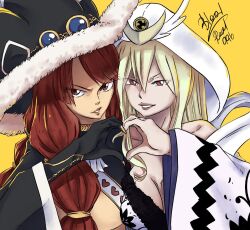 Rule 34 | 2girls, bare shoulders, blonde hair, breasts, cleavage, fairy tail, hat, heart, heart hands, irene belserion, large breasts, long hair, looking at viewer, multiple girls, red eyes, red hair, revealing clothes, selene (fairy tail), underboob