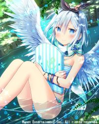 Rule 34 | + +, 1girl, angel wings, ass, black ribbon, blue eyes, blush, board, bracelet, cross, falkyrie no monshou, hairband, jewelry, looking at viewer, natsumekinoko, official art, partially submerged, ribbon, short hair, silver hair, smile, solo, swimsuit, wings