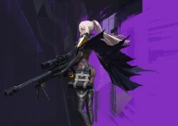 1girl abstract_background absurdres anti-materiel_rifle ass bipod black_background black_cloak bolt_action breasts cloak dark-skinned_female dark_skin from_side girls&#039;_frontline girls&#039;_frontline_2:_exilium gold_mask grey_hair gun hair_between_eyes high_ponytail highres holding holding_gun holding_weapon long_hair looking_at_viewer lsha nemesis_(girls&#039;_frontline_2) ponytail purple_background purple_eyes rifle scope sidelocks sig_san_511 sniper_rifle solo standing two-tone_background weapon