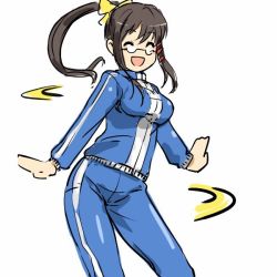 Rule 34 | :d, brown hair, closed eyes, glasses, michael f91, open mouth, os-tan, ponytail, smile, solo, spinning, track suit, xp-tan