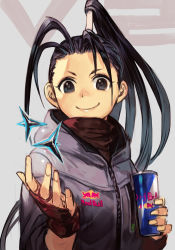 Rule 34 | 1girl, antenna hair, black eyes, black hair, caltrops, can, capcom, closed mouth, energy drink, fingerless gloves, gloves, grey background, hair ornament, hands up, high ponytail, holding, holding can, hood, hood down, hoodie, hungry clicker, ibuki (street fighter), long hair, looking at viewer, ninja, ponytail, product placement, red bull, red gloves, smile, solo, street fighter, street fighter v, upper body, weapon, zipper