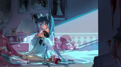 Rule 34 | 1boy, 1girl, absurdres, acr (dash), blood, blood on face, blue eyes, blue hair, chain, chained, chain, dress, hatsune miku, high heels, highres, holding, lamp, painting (object), ribbon, stuffed animal, stuffed toy, teddy bear, twintails, vocaloid