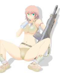 Rule 34 | 1girl, absurdres, bikini, breasts, gun, highres, large breasts, navel, original, panah, simple background, solo, spread legs, swimsuit, weapon, white background