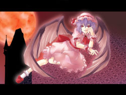 Rule 34 | 1girl, bad id, bad pixiv id, bat wings, blue hair, female focus, hat, highres, hitsugi kaname, letterboxed, moon, outdoors, red eyes, red moon, remilia scarlet, short hair, sky, solo, touhou, wings, wrist cuffs