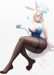 Rule 34 | 1girl, absurdres, animal ears, ass, asuna (blue archive), asuna (bunny) (blue archive), bare shoulders, blonde hair, blue archive, blue eyes, blue leotard, breasts, brown pantyhose, card, cleavage, detached collar, fake animal ears, feet, gloves, hair over one eye, hair ribbon, hairband, halo, highres, holding, holding card, jayamon, large breasts, leotard, mole, mole on breast, no shoes, pantyhose, parted lips, playboy bunny, ribbon, solo, strapless, strapless leotard, thighband pantyhose, white gloves