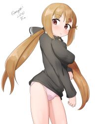 Rule 34 | 1girl, absurdres, black sweater, breasts, brown eyes, brown hair, cowboy shot, dated, highres, kantai collection, long hair, looking at viewer, low twintails, maru (marg0613), medium breasts, one-hour drawing challenge, panties, pink panties, simple background, smile, solo, sweater, tashkent (kancolle), twintails, twitter username, underwear, white background