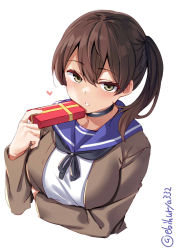 Rule 34 | 1girl, alternate costume, blue sailor collar, blush, box, breasts, brown eyes, brown hair, ebifurya, gift, gift box, heart, highres, kaga (kancolle), kantai collection, large breasts, long hair, looking at viewer, neckerchief, open mouth, sailor collar, school uniform, side ponytail, simple background, solo, sweater vest, twitter username, upper body, valentine, white background