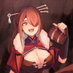 Rule 34 | 1girl, beer mug, beidou (genshin impact), breasts, brown hair, cleavage, cup, dress, eyepatch, fur collar, genshin impact, hair ornament, hair over one eye, hair stick, hairpin, high ponytail, highres, large breasts, long hair, mug, one eye covered, open mouth, red dress, colored eyepatch, red eyes, st ard