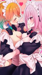 Rule 34 | 2girls, apron, blunt bangs, blush, breast press, breasts, cleavage, couple, dancing, earrings, feather earrings, feathers, gradient hair, heart, holding, hololive, hololive english, itsuki keiichi, jewelry, large breasts, long hair, maid apron, maid headdress, mori calliope, multicolored hair, multiple girls, open mouth, orange hair, pink hair, red eyes, sidelocks, smile, symmetrical docking, takanashi kiara, twintails, virtual youtuber, yuri