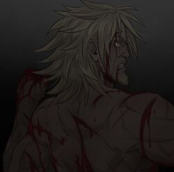 Rule 34 | 1boy, angry, aquiline nose, beard, blonde hair, blood, blood on face, blood on hands, clenched teeth, dark, daxratchet, facial hair, from behind, furious, glowing, glowing eyes, highres, looking at viewer, looking back, male focus, medium hair, muscular, muscular male, nude, solo, spiked hair, teeth, thorkell, upper body, vinland saga