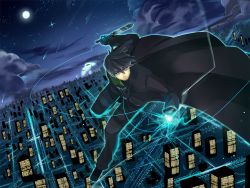 Rule 34 | 1boy, city, coat, darker than black, electricity, fighting stance, gloves, glowing, glowing eyes, hei (darker than black), male focus, solo, thigh strap, trench coat, weapon, wire