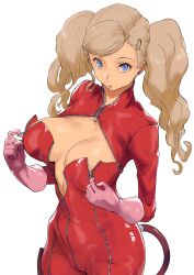 Rule 34 | 1girl, absurdres, arado balanga (xchd7538), blonde hair, blue eyes, bodysuit, breasts, catsuit, cleavage, cowboy shot, earrings, full-length zipper, gloves, highres, jewelry, large breasts, latex, latex bodysuit, long hair, looking at viewer, persona, persona 5, pink gloves, red bodysuit, simple background, solo, standing, takamaki anne, twintails, undressing, unzipping, white background, zipper