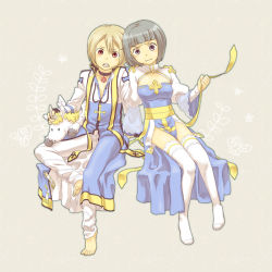 Rule 34 | 1boy, 1girl, :i, arch bishop (ragnarok online), barefoot, blonde hair, blue coat, blue dress, blush, choker, cleavage cutout, clothing cutout, coat, commentary request, cornus, cropped jacket, cross, cross necklace, dress, full body, grey hair, hair between eyes, invisible chair, jacket, jewelry, looking at viewer, necklace, no shoes, nyt (1-0-z), open mouth, pants, purple eyes, ragnarok online, red eyes, sash, short hair, sitting, stuffed unicorn, thighhighs, two-tone dress, white dress, white jacket, white pants, white thighhighs, yellow sash