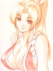 Rule 34 | 1girl, artist request, bare shoulders, breasts, brown eyes, brown hair, cleavage, collarbone, commentary request, fatal fury, hair ornament, head tilt, highres, large breasts, lips, long hair, parted bangs, parted lips, ponytail, rope, shiranui mai, simple background, sleeveless, smile, snk, solo, the king of fighters, upper body