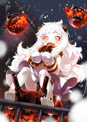 Rule 34 | 10s, 1girl, :d, abyssal ship, ahoge, blurry, colored skin, depth of field, dress, enemy aircraft (kancolle), highres, horns, kantai collection, long hair, machinery, mayusaki yuu, mittens, northern ocean princess, ocean, open mouth, orange eyes, sitting, smile, snowing, turret, underwater, white dress, white hair, white skin