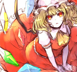 Rule 34 | 1girl, ascot, between legs, blonde hair, chita (ketchup), collared shirt, crystal, flandre scarlet, hand between legs, hat, looking at viewer, mob cap, parted lips, puffy short sleeves, puffy sleeves, red eyes, red skirt, red vest, shirt, short sleeves, signature, simple background, sitting, sketch, skirt, solo, touhou, vest, wariza, white background, white hat, white shirt, wings, yellow ascot