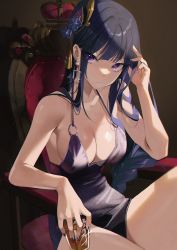 Rule 34 | 1girl, alcohol, bare shoulders, braid, breasts, buri (retty9349), cleavage, collarbone, commentary request, cup, dress, earrings, genshin impact, hair ornament, halter dress, halterneck, head rest, highres, holding, holding cup, jewelry, long hair, looking at viewer, medium breasts, mole, mole under eye, nail polish, purple dress, purple eyes, purple hair, purple nails, raiden shogun, sideboob, sidelocks, single braid, sitting, solo, thighs, very long hair