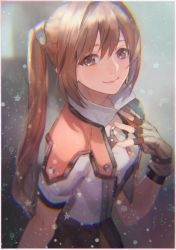 Rule 34 | 1girl, blurry, brown hair, chromatic aberration, collared shirt, depth of field, eiyuu densetsu, estelle bright, fingerless gloves, gloves, highres, jacket, looking at viewer, nishihara isao, open clothes, open jacket, red eyes, shirt, solo, sora no kiseki