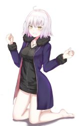 Rule 34 | 1girl, ahoge, bare arms, barefoot, black dress, blush, breasts, clenched hands, clenched teeth, dress, fate/grand order, fate (series), full body, fur-trimmed sleeves, fur collar, fur trim, furrowed brow, gradient hair, highres, jacket, jeanne d&#039;arc (fate), jeanne d&#039;arc alter (fate), jeanne d&#039;arc alter (ver. shinjuku 1999) (fate), jewelry, kneeling, long sleeves, looking at viewer, medium breasts, multicolored hair, navel, necklace, nenosame, official alternate costume, open clothes, open jacket, open mouth, pendant, pink hair, purple jacket, short dress, short hair, silver hair, simple background, solo, teeth, white background, yellow eyes