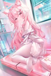 1girl animal_ear_fluff animal_ears bad_source bag blush cat_ears chen_bin dress feet hair_ornament highres indoors legs long_hair looking_at_viewer no_shoes off_shoulder original pantyhose pink_eyes pink_hair soles solo toes white_pantyhose