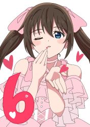 Rule 34 | 1girl, alternate hairstyle, blowing kiss, blue eyes, blush, brown hair, dress, frilled dress, frills, hair between eyes, heart, highres, koakuma love, long hair, looking at viewer, love live!, love live! nijigasaki high school idol club, numbered, off-shoulder dress, off shoulder, one eye closed, osaka shizuku, parted lips, pink dress, sidelocks, solo, taiyakippassion, twintails, upper body, white background