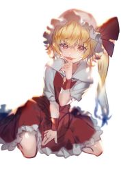 Rule 34 | 1girl, :p, blonde hair, blood, blurry, bow, commentary request, depth of field, flandre scarlet, hair between eyes, hand up, hat, hat bow, highres, licking, licking finger, looking at viewer, mob cap, one side up, petticoat, puffy short sleeves, puffy sleeves, red bow, red eyes, red skirt, red vest, short hair, short sleeves, simple background, sitting, skirt, solo, tongue, tongue out, touhou, u u zan, v-shaped eyebrows, vest, wariza, white background, white hat, wrist cuffs