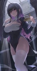 Rule 34 | 1girl, absurdres, black dress, black hair, blush, breasts, candle, colored inner hair, covered navel, dress, habit, highres, holding, large breasts, long hair, long sleeves, looking at viewer, momimi, multicolored hair, nun, original, parted lips, pelvic curtain, purple eyes, purple hair, side slit, solo, thighhighs, thighs, two-tone hair, wavy hair, white thighhighs, wrist cuffs