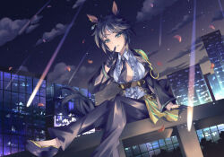 Rule 34 | 1girl, ahoge, animal ears, aozumi suzuri, black footwear, black gloves, black hair, black jacket, black necktie, black pants, blue eyes, breasts, building, center frills, cityscape, cleavage, cloud, cloudy sky, collared shirt, commentary request, ear ornament, ear piercing, falling petals, finger to mouth, frilled shirt, frills, fuji kiseki (umamusume), gloves, gold trim, grin, hair between eyes, high heels, highres, horse ears, horse girl, horse tail, index finger raised, jacket, long sleeves, looking at viewer, medium breasts, multicolored hair, necktie, night, on railing, open clothes, open jacket, outdoors, pants, petals, piercing, railing, shadow, shirt, shooting star, short hair, sidelocks, sitting, sky, skyscraper, smile, solo, star (sky), starry sky, tail, teeth, umamusume, underbust, white hair, white shirt