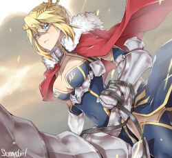 Rule 34 | 1girl, armor, artist name, artoria pendragon (fate), artoria pendragon (lancer) (fate), blonde hair, blue dress, blue sleeves, blue thighhighs, braid, breasts, cape, cleavage, closed mouth, commentary, covered navel, cowboy shot, crown, detached sleeves, dress, dun stallion (fate), fate/grand order, fate (series), faulds, french braid, fur-trimmed cape, fur trim, gauntlets, gold trim, green eyes, hair between eyes, holding, holding reins, horse, horseback riding, large breasts, looking at viewer, looking down, medium hair, red cape, reins, riding, sidelocks, skinnysloth, solo, sparks, thighhighs, turtleneck, turtleneck dress, underbust, vambraces