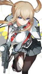 Rule 34 | 10s, 1girl, black gloves, black pantyhose, black skirt, blonde hair, blue eyes, blush, breasts, capelet, celtic knot, chromatic aberration, cowboy shot, cross, crossed bangs, cuffs, determined, female focus, gloves, graf zeppelin (kancolle), gun, hair between eyes, handgun, hat, unworn hat, unworn headwear, holding, iron cross, kantai collection, large breasts, leg up, long hair, long sleeves, looking at viewer, machinery, miniskirt, necktie, pantyhose, pistol, pleated skirt, pouch, running, saitou naoki, sidelocks, skirt, solo, torn clothes, torn pantyhose, twintails, weapon