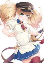 Rule 34 | 1girl, :t, black hat, blonde hair, blue skirt, blush, closed mouth, collared shirt, commentary request, glint, green eyes, hair between eyes, hat, holding, holding sword, holding weapon, long hair, looking at viewer, miri (ago550421), monika weisswind, peaked cap, pleated skirt, pout, princess connect!, puffy short sleeves, puffy sleeves, red neckwear, red thighhighs, sheath, sheathed, shirt, short sleeves, simple background, skirt, solo, sword, thighhighs, twintails, v-shaped eyebrows, weapon, white background, white shirt