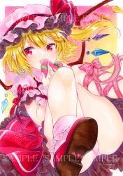 Rule 34 | 1girl, :d, alto2019, ass, blonde hair, blush, bobby socks, flandre scarlet, gift, hair between eyes, happy, hat, holding, knees together feet apart, looking to the side, mob cap, open mouth, panties, pantyshot, pointy ears, red eyes, ribbon, sample watermark, smile, socks, solo, touhou, traditional media, underwear, watermark, wings