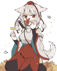 Rule 34 | 1girl, adapted costume, animal ears, autumn leaves, bare shoulders, black gloves, black hakama, bridal gauntlets, commentary request, covering own mouth, detached sleeves, ginkgo leaf, gloves, hakama, hakama pants, hands up, hat, himekaidou hatate, himekaidou hatate (crow), holding, holding leaf, inubashiri momiji, japanese clothes, leaf, looking at viewer, mozukuzu (manukedori), pants, pom pom (clothes), red eyes, shameimaru aya, shameimaru aya (crow), shirt, short hair, solo, sword, sword behind back, tail, tassel, tokin hat, touhou, turtleneck, weapon, weapon on back, white background, white hair, white shirt, wide sleeves, wolf ears, wolf tail