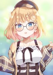 Rule 34 | 1girl, absurdres, arms up, bare shoulders, blonde hair, blouse, blue eyes, blush, breasts, collarbone, earrings, glasses, hair ornament, hairclip, hat, heart, heart earrings, highres, hololive, hololive english, jacket, jewelry, looking at viewer, medium breasts, multicolored background, nail polish, necklace, one side up, open mouth, plaid, ribbon, round eyewear, seion, shirt, simple background, sleeves past wrists, smile, solo, symbol-shaped pupils, teeth, upper body, upper teeth only, virtual youtuber, watson amelia, watson amelia (street casual), white shirt, yellow nails, zipper