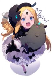 Rule 34 | 1girl, abigail williams (event portrait) (fate), abigail williams (fate), black hat, black shirt, blonde hair, blue eyes, blush, bodystocking, braid, braided ponytail, breasts, cat, dress, echo (circa), fate/grand order, fate (series), forehead, full body, grey dress, hat, keyhole, long hair, long sleeves, looking at viewer, off shoulder, open mouth, parted bangs, shirt, sidelocks, small breasts, very long hair