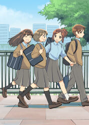 Rule 34 | 1boy, 3girls, ^ ^, absurdres, backpack, bag, black socks, blue shirt, blue sky, blush, brown cardigan, brown eyes, brown hair, cardigan, cityscape, closed eyes, closed mouth, cloud, collared shirt, day, full body, hair ornament, hairclip, hand in pocket, highres, holding, holding bag, kojiro337, long hair, looking at another, mary janes, multiple girls, open mouth, original, outdoors, pants, pleated skirt, ponytail, railing, school bag, shirt, shoes, short hair, shoulder bag, skirt, sky, smile, socks, teeth, tree, walking, white socks
