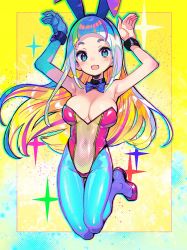 Rule 34 | 1girl, arms up, blonde hair, blue eyes, blue hair, blue pantyhose, blush, breasts, character request, cleavage, copyright request, covered navel, full body, high heels, large breasts, leotard, long hair, looking at viewer, multicolored hair, onono imoko, open mouth, pantyhose, pink hair, pink leotard, playboy bunny, red footwear, smile, solo, wrist cuffs