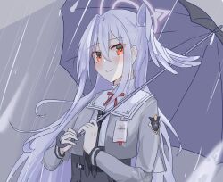 Rule 34 | 1girl, blue archive, blush, closed mouth, commentary request, grey hair, hair between eyes, halo, head wings, highres, holding, holding umbrella, kototuki nyan, long hair, long sleeves, looking at viewer, purple halo, rain, red eyes, red ribbon, ribbon, school uniform, single head wing, smile, solo, suzumi (blue archive), umbrella, upper body, wings