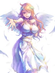 Rule 34 | 1girl, :d, ;d, bad id, bad pixiv id, breasts, brown eyes, brown hair, cleavage, dress, earrings, feathered wings, feathers, hair between eyes, hair ornament, jewelry, large breasts, long hair, nami (one piece), one eye closed, one piece, open mouth, outstretched arm, senbei (roof-lock), sideboob, simple background, sleeveless, sleeveless dress, smile, solo, standing, very long hair, white background, white dress, white feathers, white wings, wings